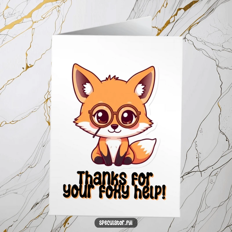 Funny Free Printable Thank You Card: Kawaii fox with a monocle carefully looking at a coin, a stylish downloadable.