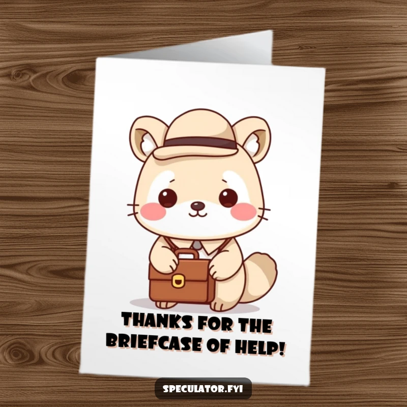 Funny Free Printable Thank You Card: Kawaii animal in a bowler hat with briefcase, a humorous thank you for business.