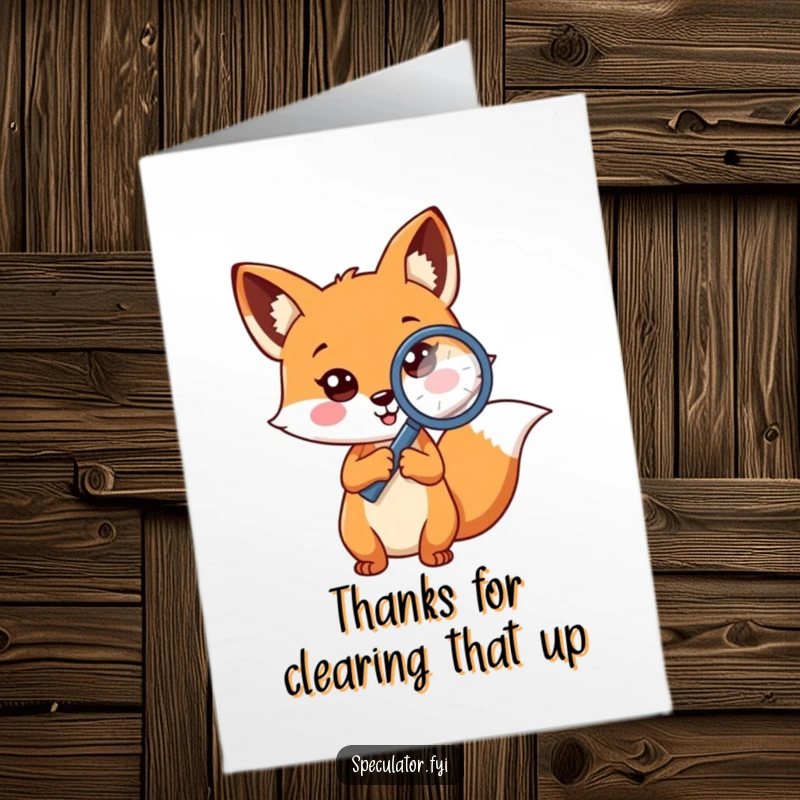 Funny Free Printable Thank You Card: A curious fox peering through a magnifying glass at a question mark, thanking someone.