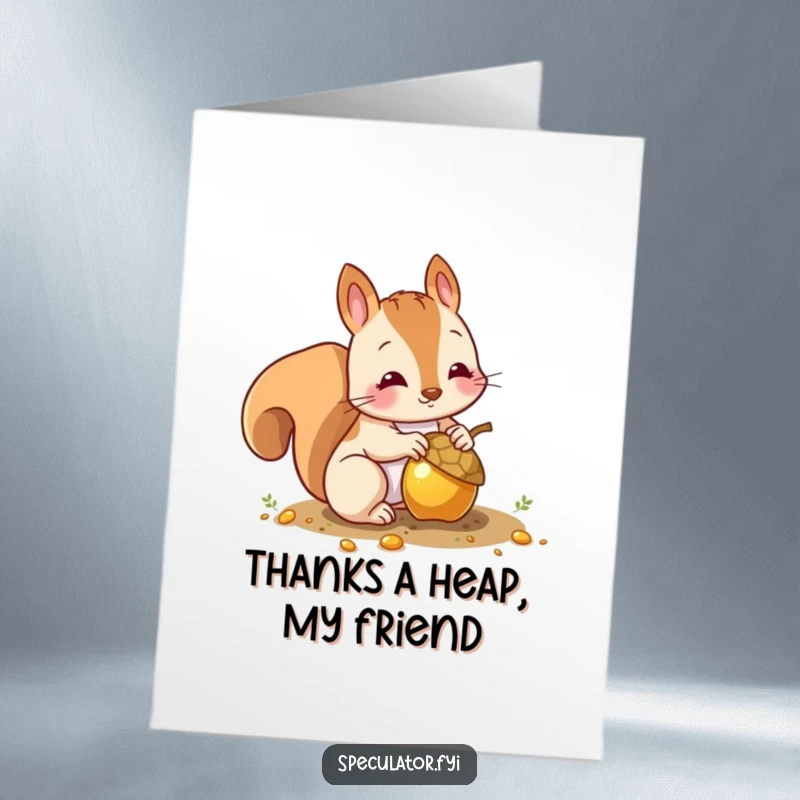 Funny Free Printable Thank You Card: A busy squirrel character proudly burying its shiny gold acorn, expressing thanks.