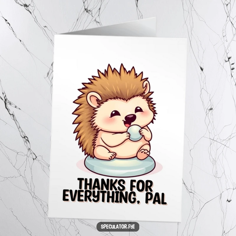 Funny free printable thank you card with a happy hedgehog carefully polishing a perfectly shiny button.