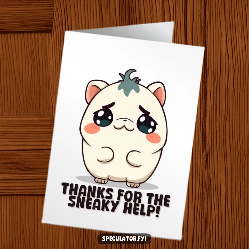 Funny Free Printable Thank You Card: Mischievous Kawaii creature grinning slyly, a humorous thank you for sneaky favors.