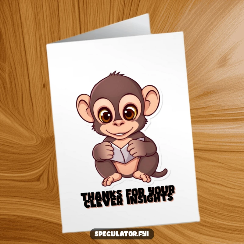 Funny Free Printable Thank You Card: A clever monkey with wide eyes observes patterns, showing thanks for clever advice.