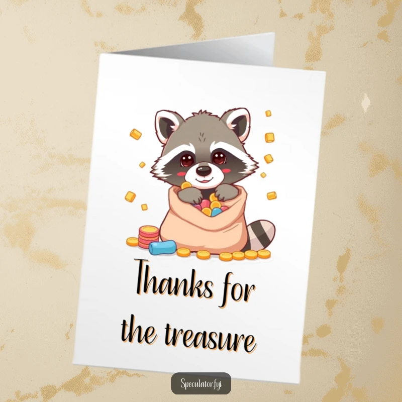 Funny Free Printable Thank You Card: A cunning raccoon character peeking into a bag full of gold, showing thanks.