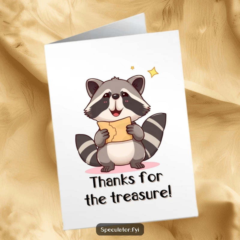 Funny free printable thank you card with a joyful raccoon clutching a treasure map, expressing thanks.