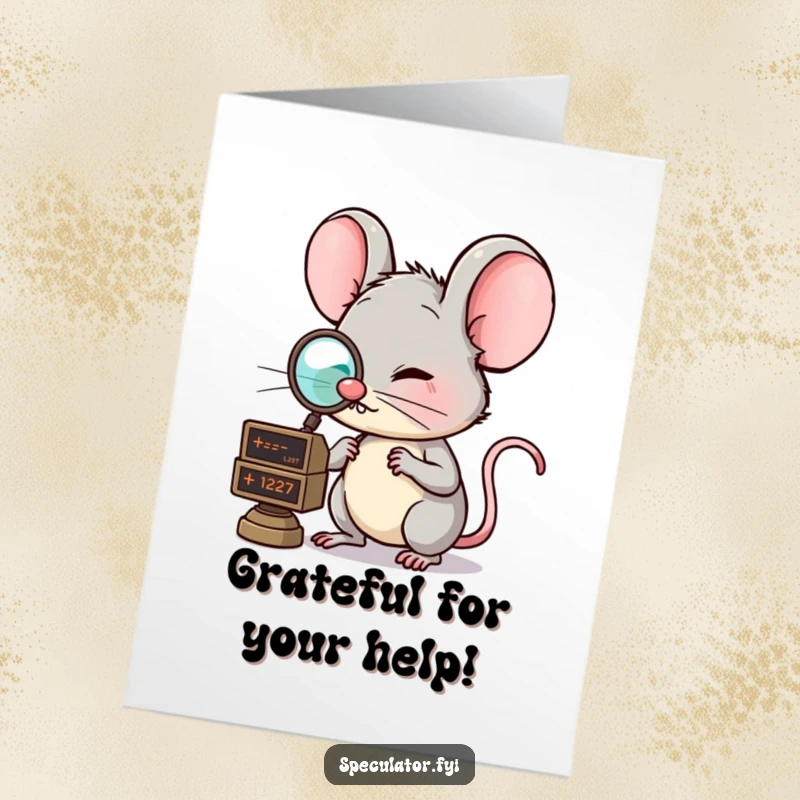Funny Free Printable thank you card: A clever mouse with a monocle examines a market ticker, expressing informed gratitude.