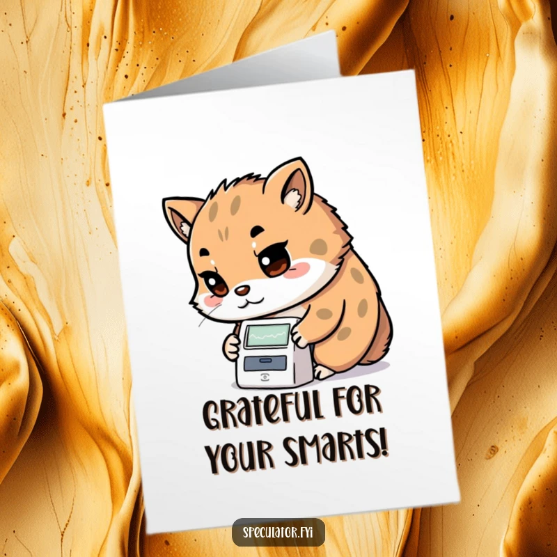 Funny Free Printable Kawaii animal examining a stock ticker, offering thanks, on a card.