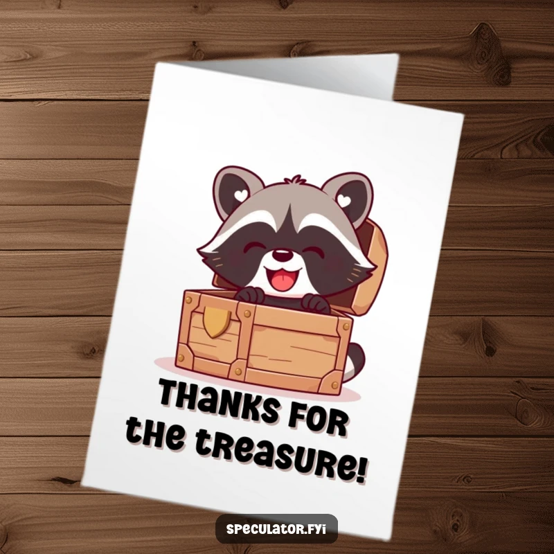 Funny Free Printable Thank You Card depicting a kawaii raccoon peering into a treasure chest with grateful glee.