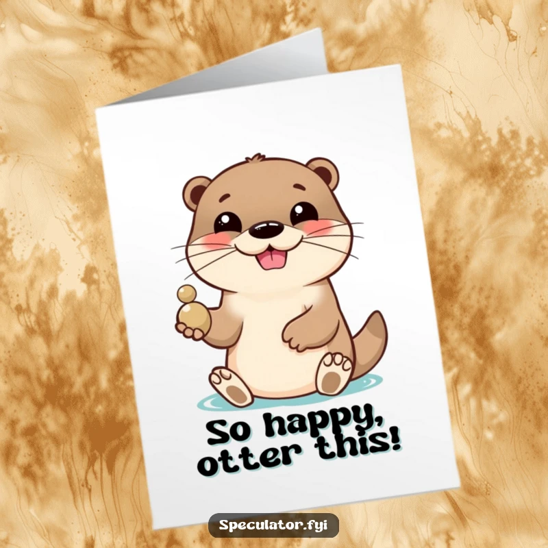 Funny Free Printable thank you card: A lively otter with a playful grin tosses a shiny pebble, expressing heartfelt thanks.