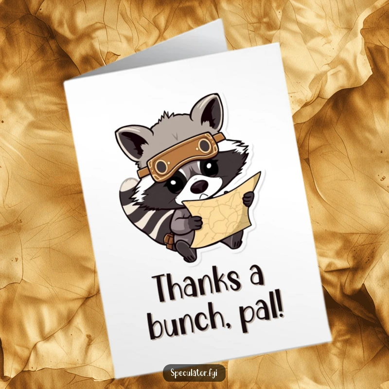 Funny Free Printable thank you card: A determined raccoon explorer, mask on, intently reads a treasure map, showing gratitude.