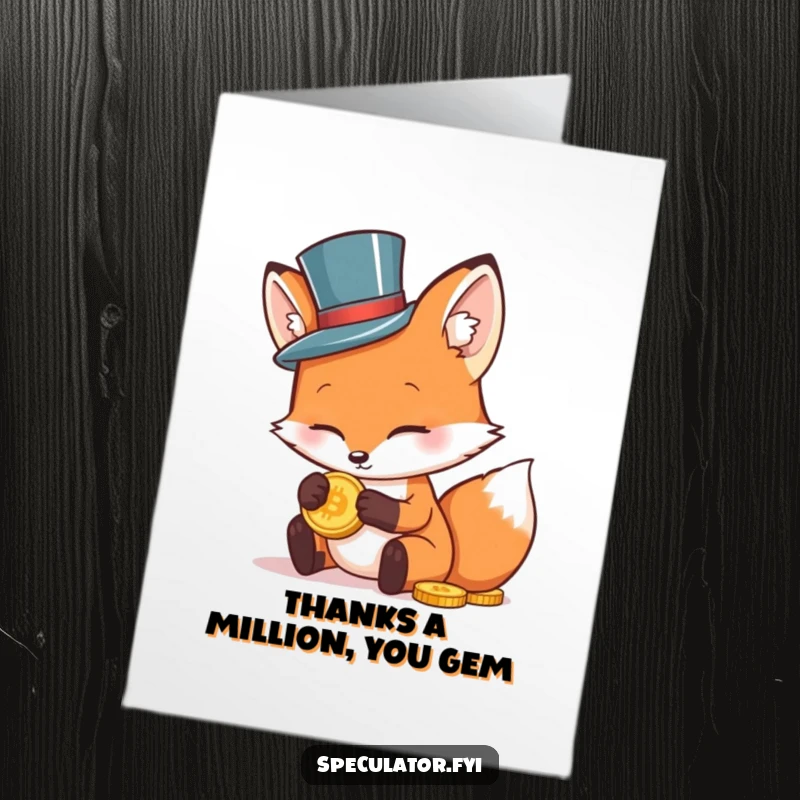 Funny Free Printable Thank You Card: Dapper fox in top hat examines gold coin, conveying thanks. Charming downloadable gift.