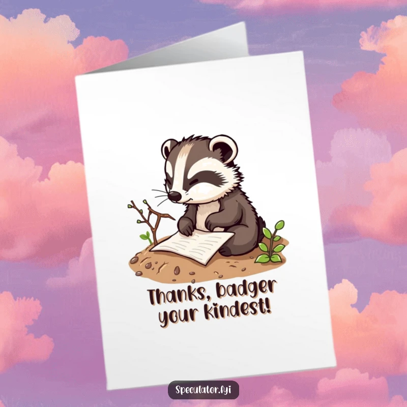 Funny Free Printable Thank You Card: A thoughtful badger character sketches a plan in the dirt, symbolizing careful consideration.