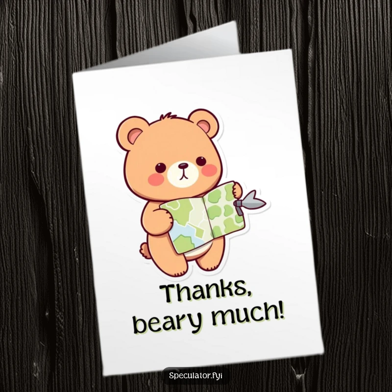 Funny Free Printable Thank You Card with a kawaii bear holding a map, helpfully pointing in the right direction.