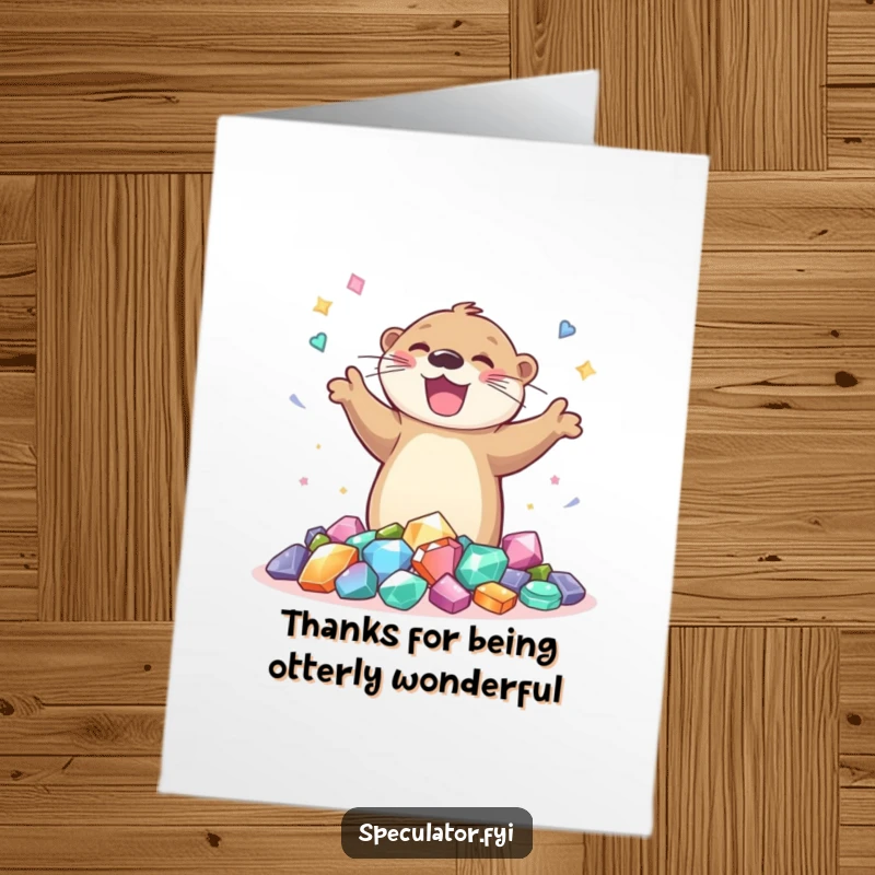 Funny Free Printable Thank You Card: A joyful otter is dancing with delight around a pile of shiny gems, conveying thanks.