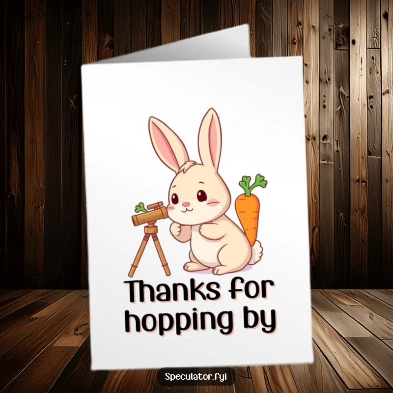 Funny Free Printable Thank You Card: Curious rabbit looks through telescope, focused on a delicious carrot. Cute downloadable gift.