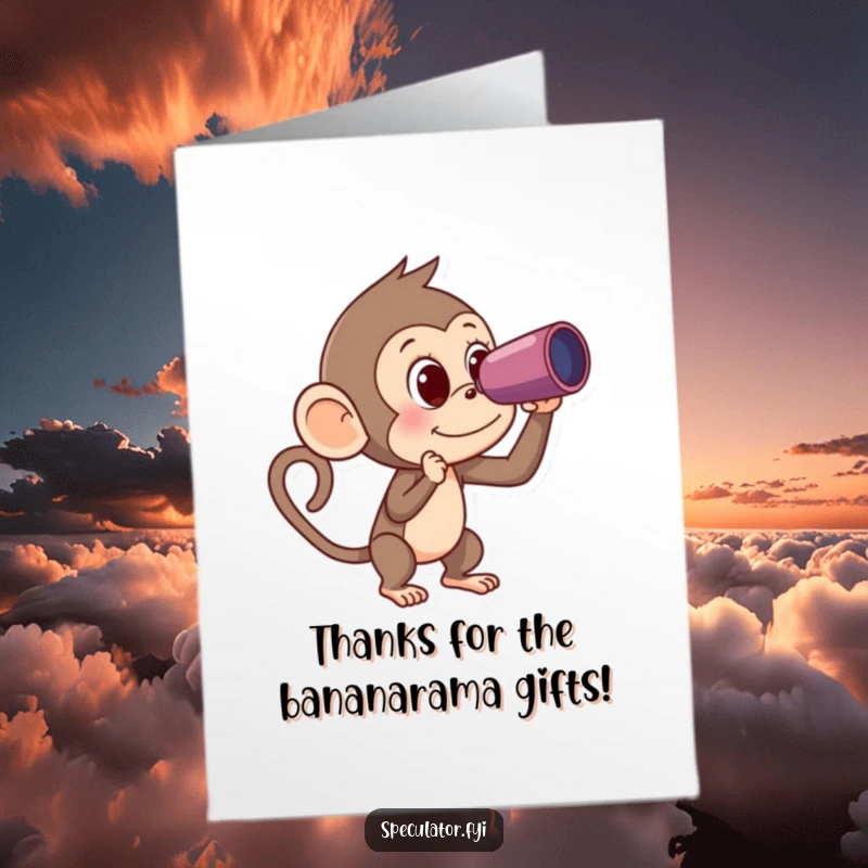 Funny Free Printable Monkey Thank You Card: Monkey scans horizon with spyglass for a banana, humorously thanking you.