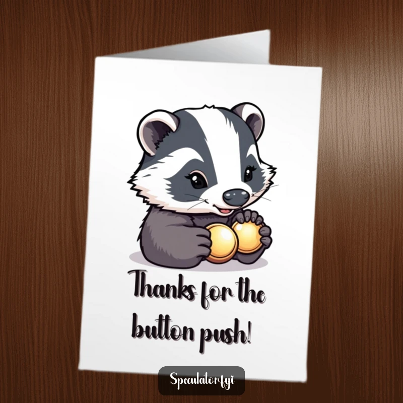 Funny Free Printable Thank You Card: A determined badger smiles while carefully inspecting a shiny button.