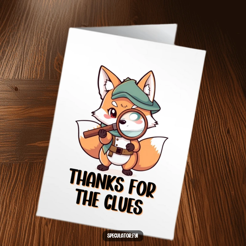 Funny Free Printable Thank You Card: A scheming fox character peering through a magnifying glass at a detailed map.
