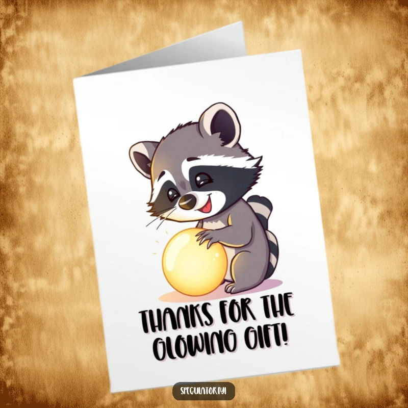 Funny Free Printable Thank You Card: A happy raccoon is mesmerized by a mysterious, glowing orb.