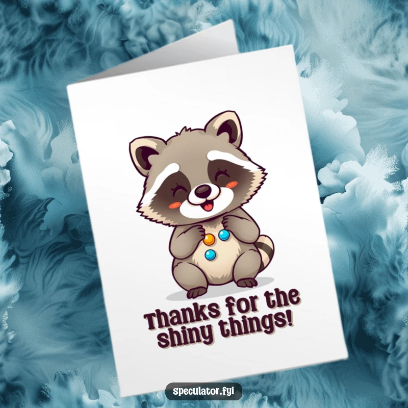 Funny Free Printable Thank You Card: A happy raccoon sits surrounded by shiny buttons, giggling with delight.