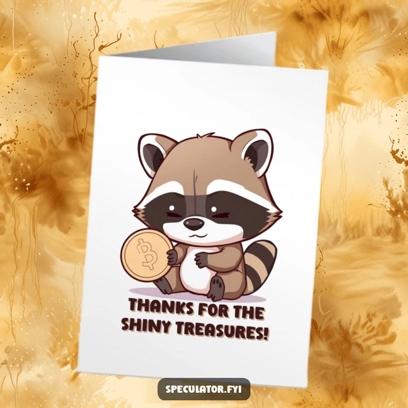 Funny Free Printable Raccoon Thank You Card: Shrewd raccoon grins at a shiny coin, humorously thanking you for your valuable kindness.