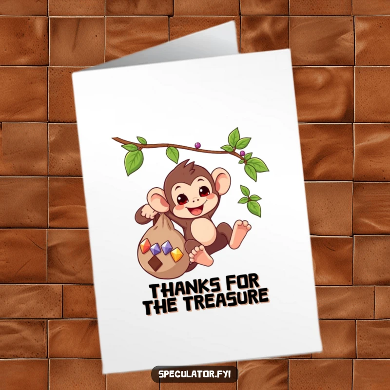 Funny Free Printable Thank You Card: Playful monkey swings with a bag of shiny gems, conveying thanks. Cute downloadable gift.