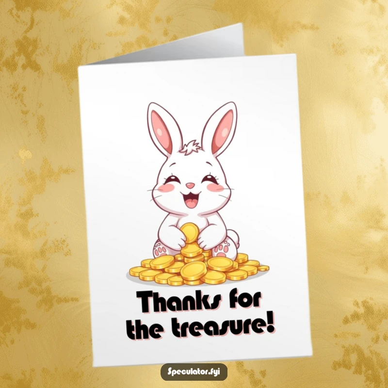 Funny Free Printable Thank You Card: A giggling bunny holding a pile of shiny coins, a cute way to thank someone for their bounty.
