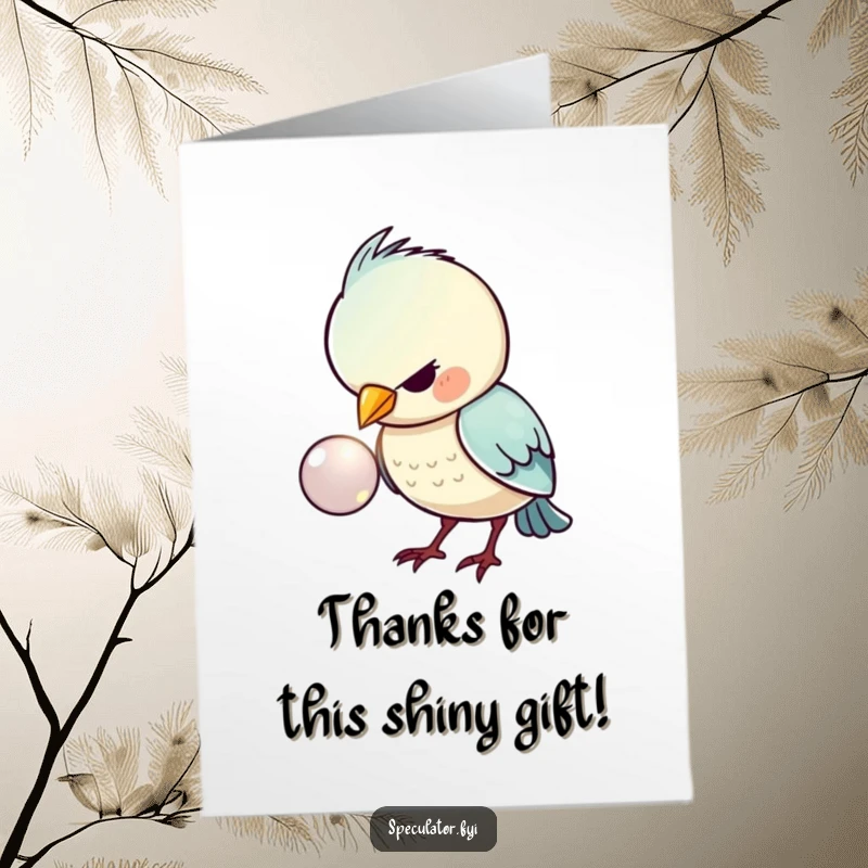 Funny Free Printable Thank You Card: A kawaii bird's intense fascination with a shiny button, a humorous downloadable greeting.