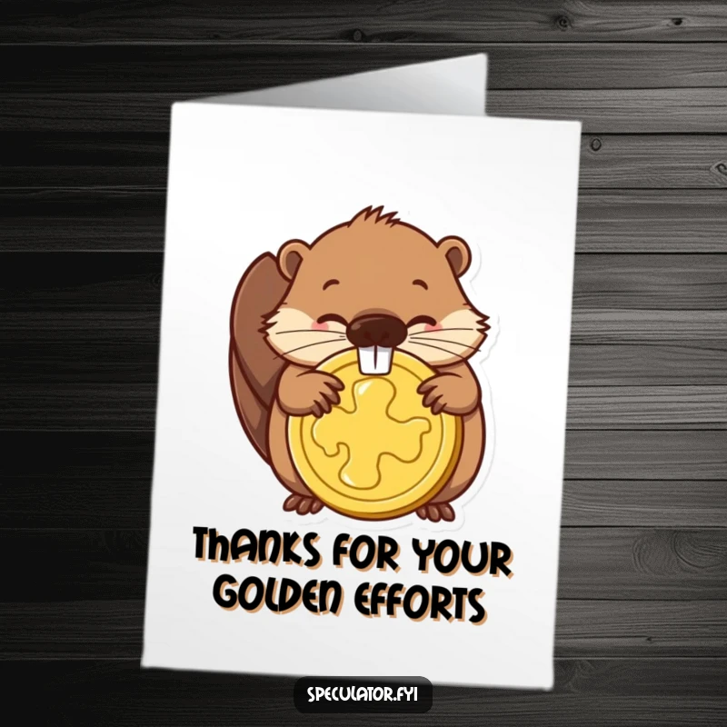 Funny Free Printable Thank You Card: A determined beaver proudly holds a large golden coin, showing thanks for a valuable gift.