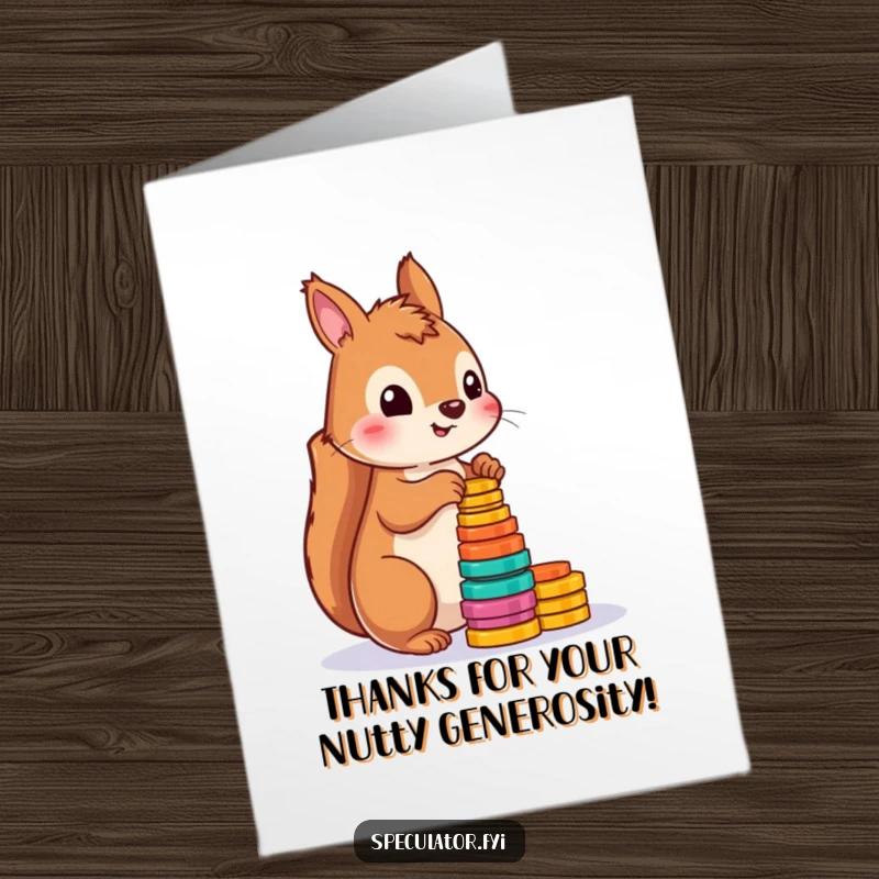 Funny free printable thank you card: A cute squirrel diligently counts colorful tokens, showing sincere appreciation.