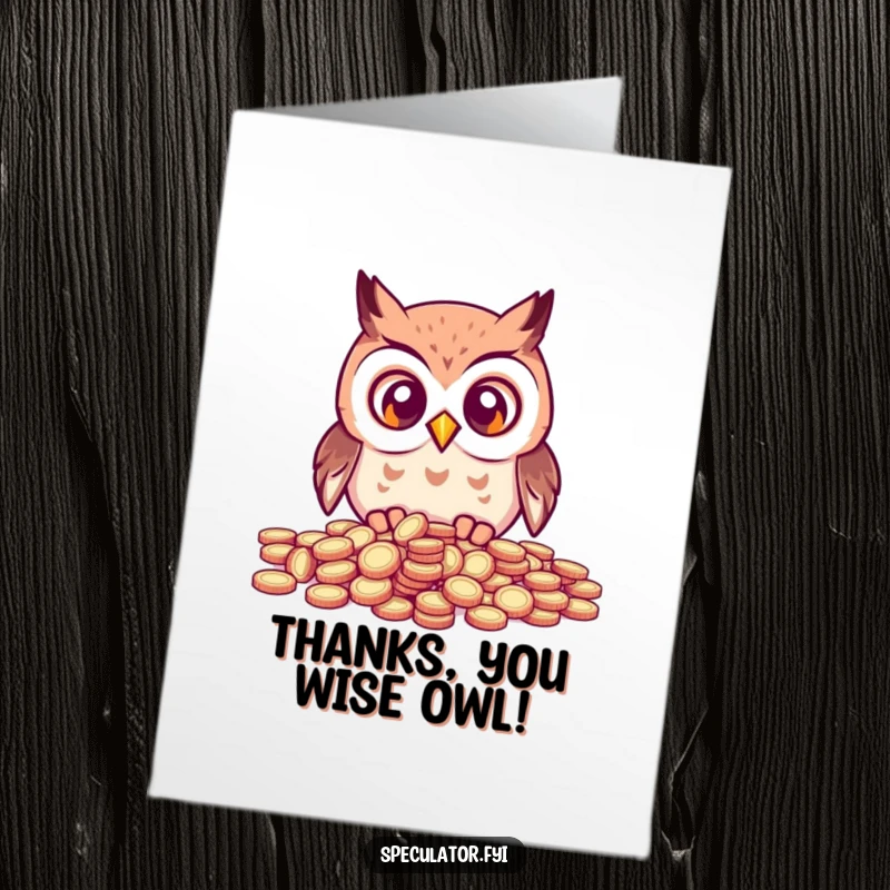 Funny Free Printable Thank You Card: Kawaii owl looking astonished at scattered coins, a grateful downloadable.