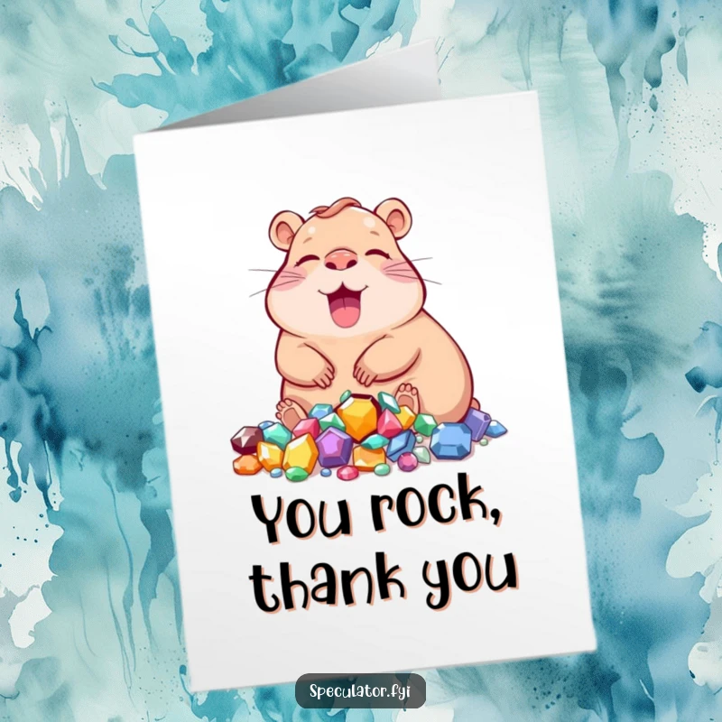 Funny Free Printable Thank You Card: A content capybara character relaxing beside a dazzling assortment of precious jewels.