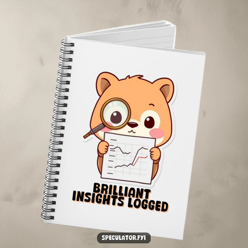 Funny Kawaii animal notebook, wearing a tiny monocle and peering at a chart, perfect for detailed note-taking.