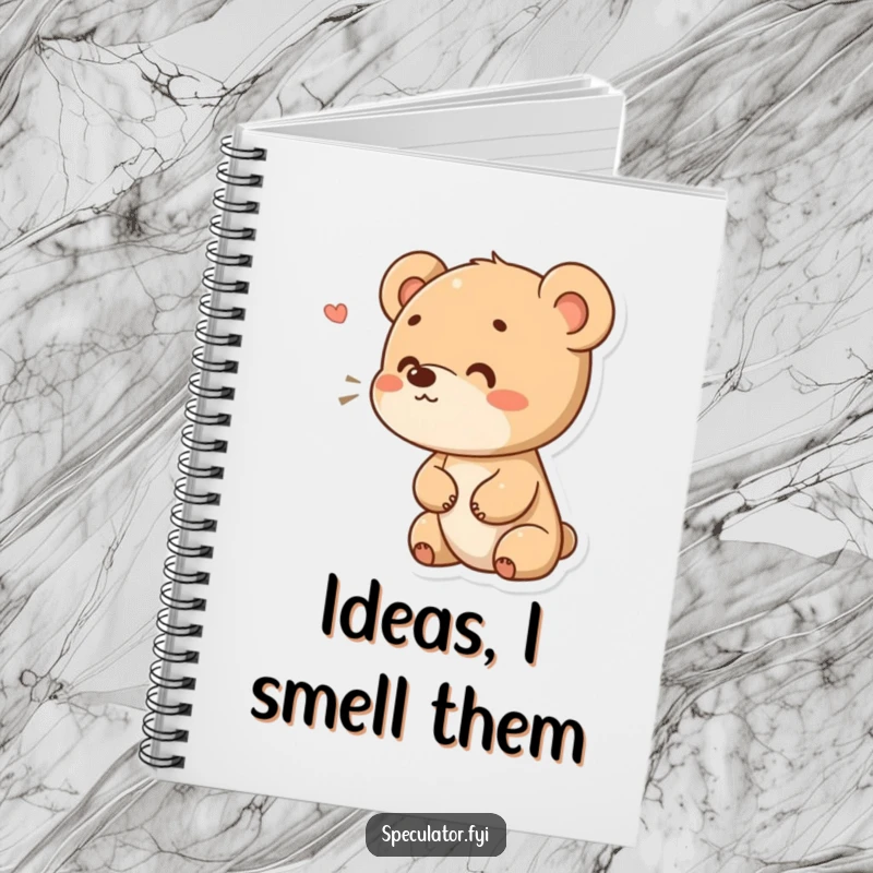 Funny notebook with a small bear cub character having a curious expression, sniffing the air, perfect for note-taking with a humorous touch. A cute funny gift.