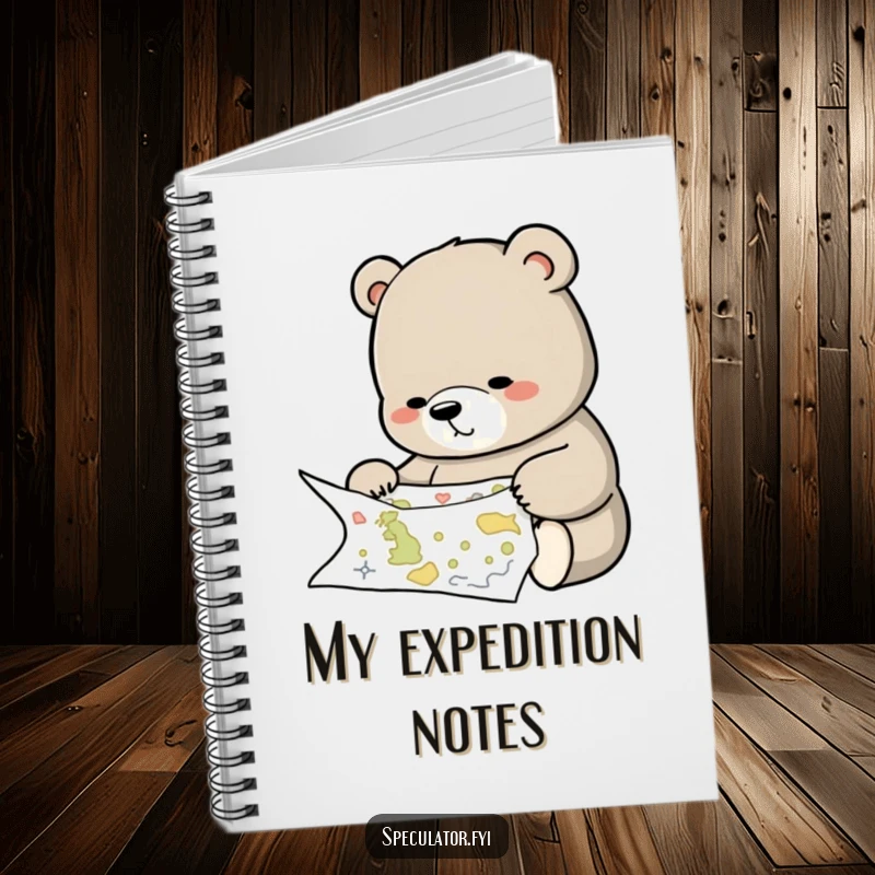 Funny notebook cover featuring a thoughtful bear studying a complex map, great for organized planning.