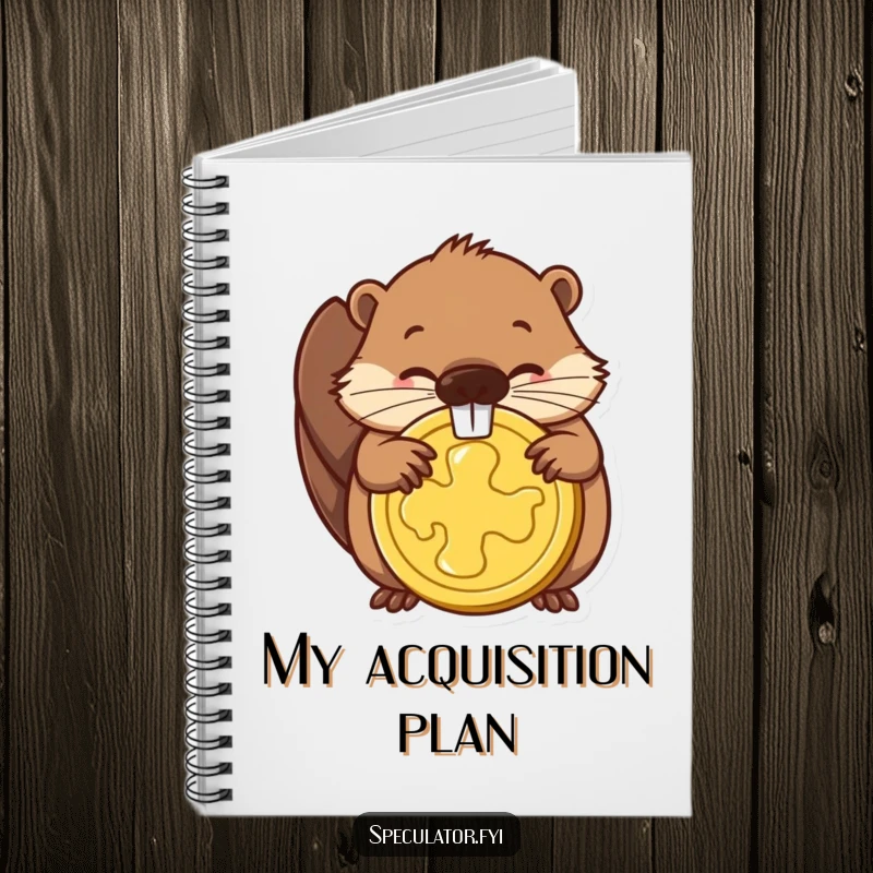 Funny notebook with a determined beaver gnawing a golden coin, designed for jotting down plans and aspirations with humor.