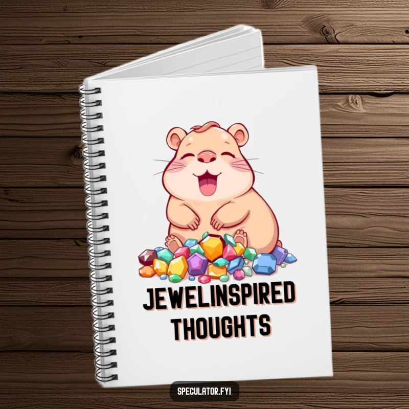 Funny capybara notebook with a character relaxing near a pile of jewels, great for journaling with calm.