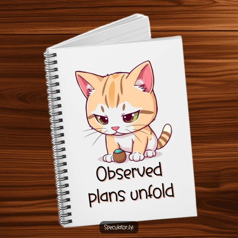 Funny cat character notebook intensely focused on a small moving object, perfect for capturing ideas with feline precision and humor.