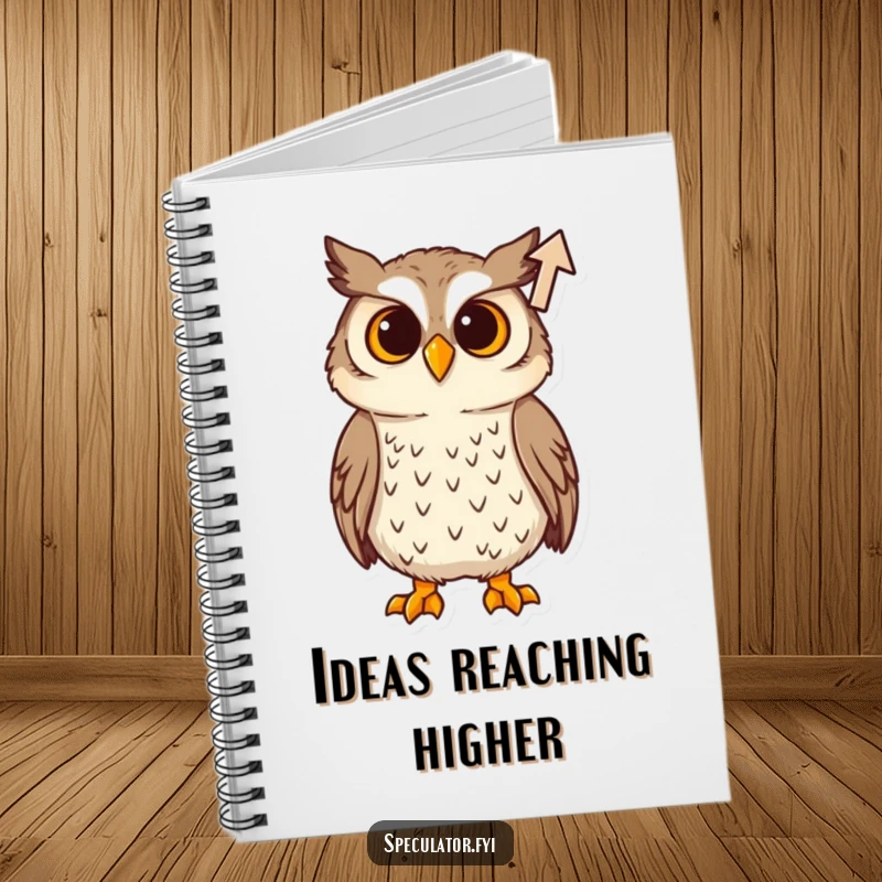 Funny Notebook: Cover features a curious owl tilting its head, observing a rising arrow, encouraging detailed note-taking.