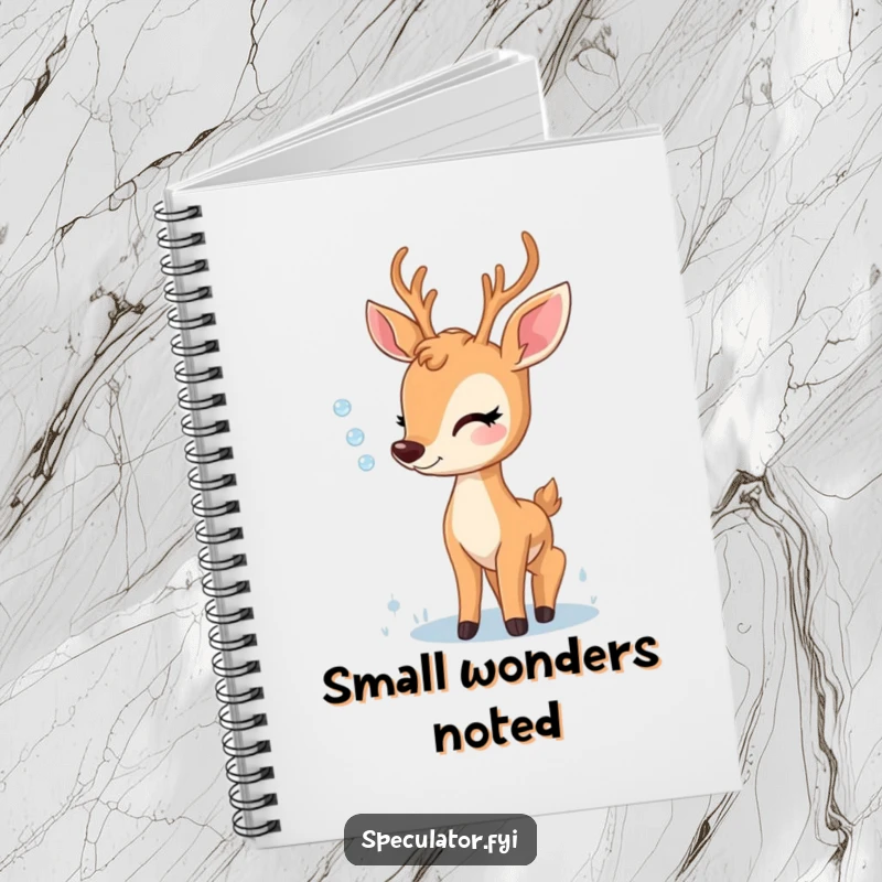 Funny notebook featuring a delighted deer observing a dewdrop, perfect for journaling nature observations and moments of quiet contemplation.