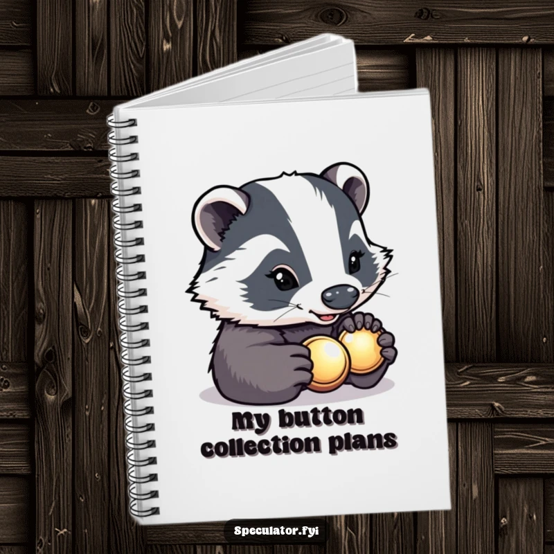 Funny determined badger with a bright smile carefully inspecting a shiny button on a notebook, humorous stationery for notes.