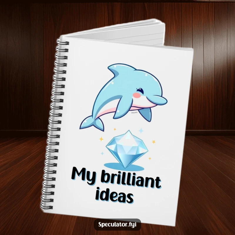 Funny playful dolphin notebook, leaping over a sparkling diamond, ideal for journaling aquatic adventures.