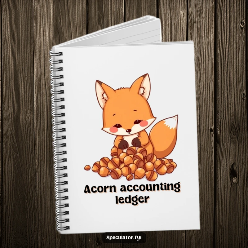 Funny Fox Notebook: a resourceful fox meticulously counts shiny acorns, inspiring humorous note-taking and planning.