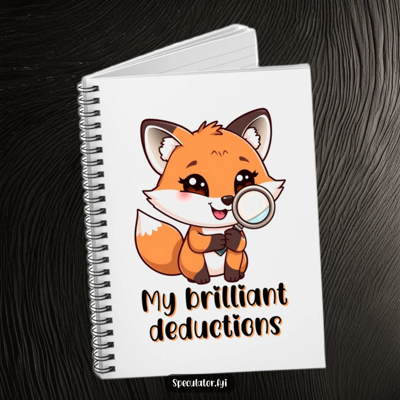 Funny fox holding a magnifying glass on a notebook cover, for jotting down clues and ideas.