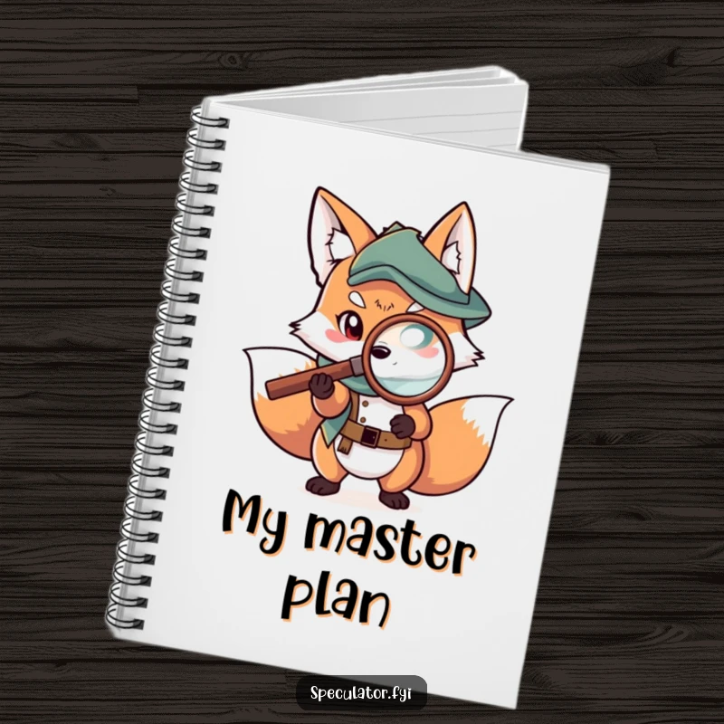 Funny fox notebook with a character examining a map with a magnifying glass, great for journaling with strategy.