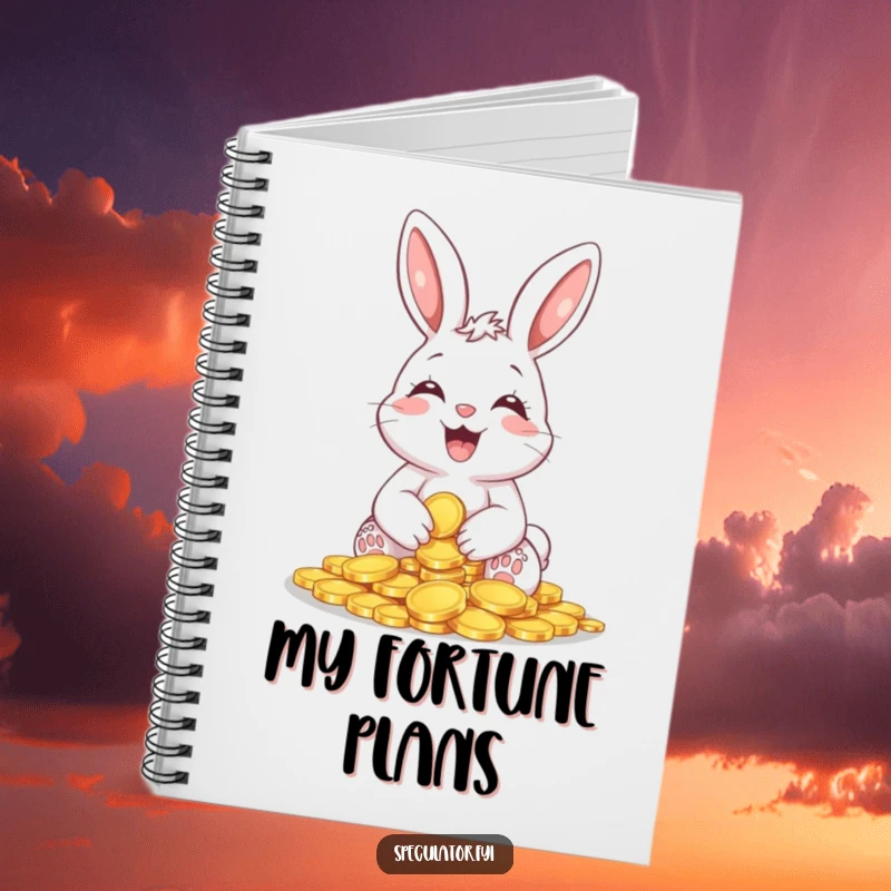 Funny Giggling Bunny Coin Notebook featuring a happy bunny holding shiny coins, perfect for note-taking with a sense of humor and prosperity.