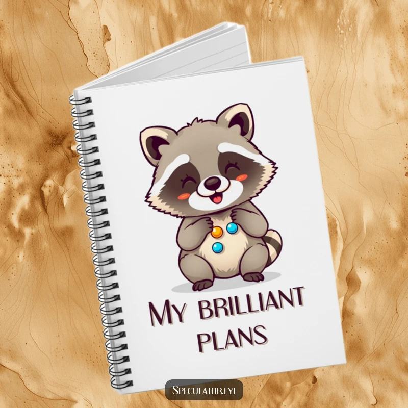 Funny notebook with a giggling raccoon happily counting its shiny button collection, perfect for jotting down notes with a smile.