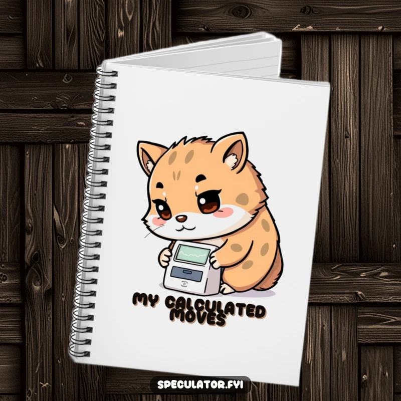 Funny Kawaii animal notebook with determined look examining a stock ticker, for notes and as a funny gift.