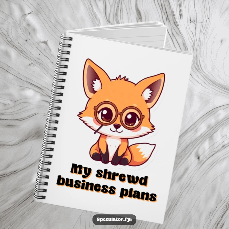 Funny kawaii fox wearing a monocle and peering intently at a coin, making this notebook a fun place for notes.