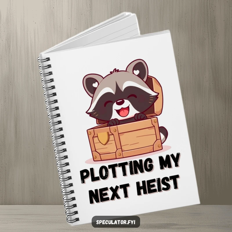 Funny kawaii raccoon notebook, featuring a gleeful expression while looking into a treasure chest, great for writing.